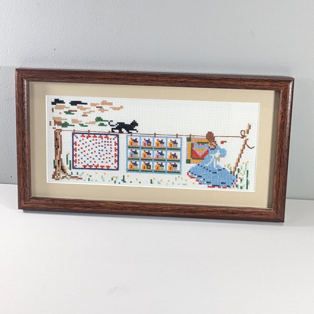 Small handmade cross-stitch picture black cat washing line, garden laundry day
